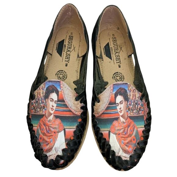 Frida Kahlo Shoes 7 Black Woven Leather Segura Shy Huaraches Artsy Boho Slip Ons - Picture 5 of 9